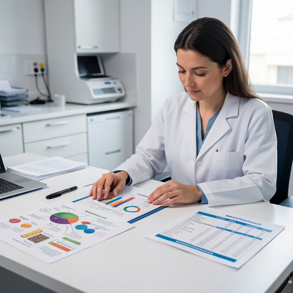 Nutritional researcher reviewing dietary composition documents at a clean workspace with annotated charts and ingredient analysis reports under studio lighting