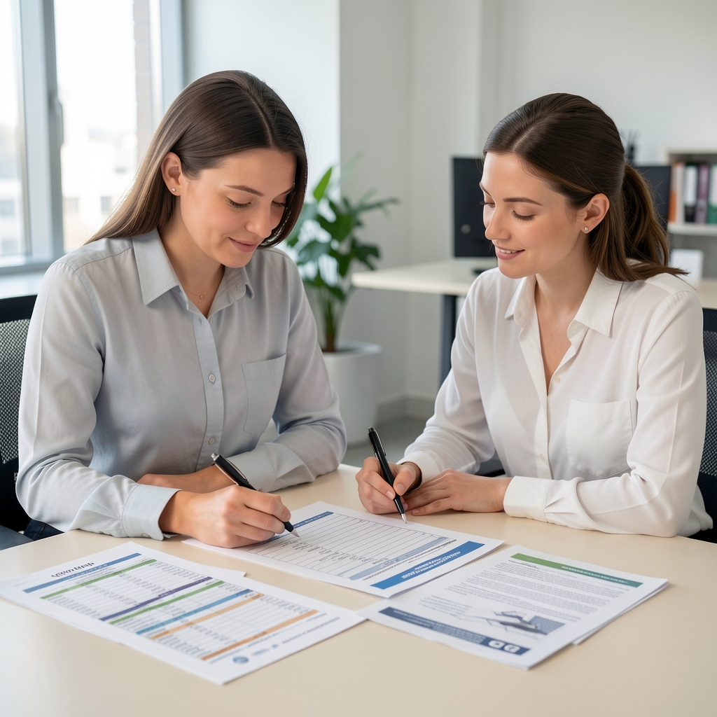 Two nutrition professionals in a clean modern workspace reviewing macronutrient calculation spreadsheets and ingredient certification documents on a light desk under studio lighting