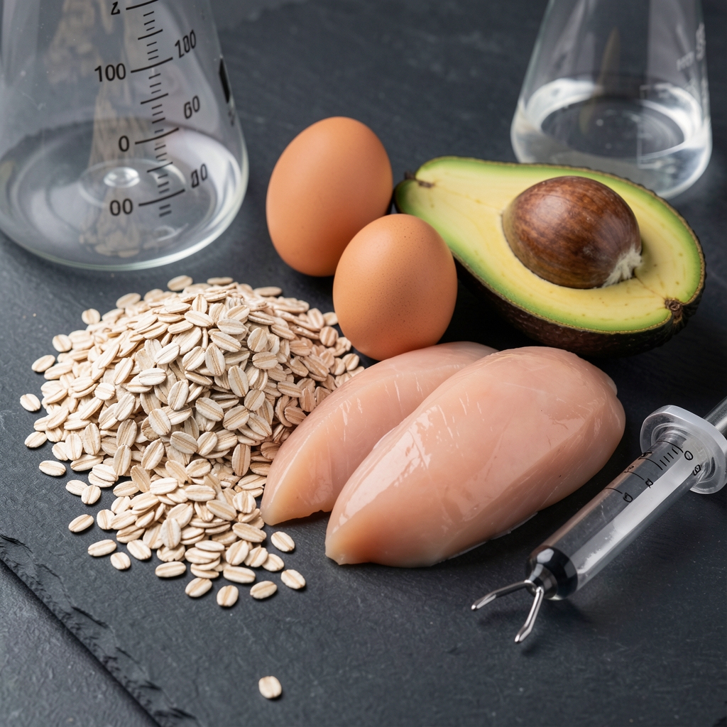 Close-up of precisely measured macronutrient ingredients including oats, eggs, chicken breast, and avocado arranged on a dark slate surface with laboratory measurement tools