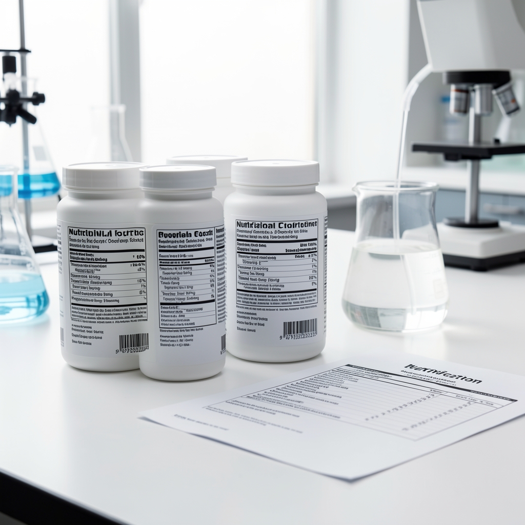 Nutritional supplement containers with visible ingredient labels arranged on a laboratory bench under bright studio lighting with a batch verification document beside them