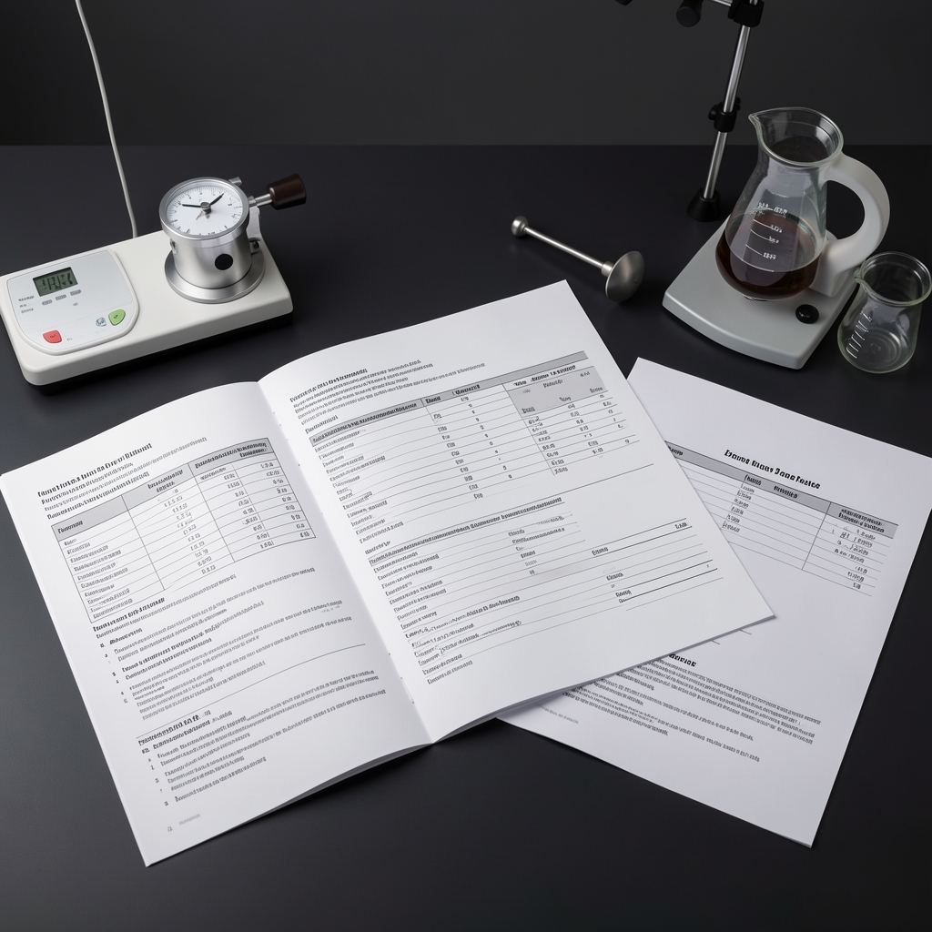 Detailed nutritional analysis documentation spread across a clean dark desk alongside precision measurement instruments and ingredient specification sheets under studio lighting