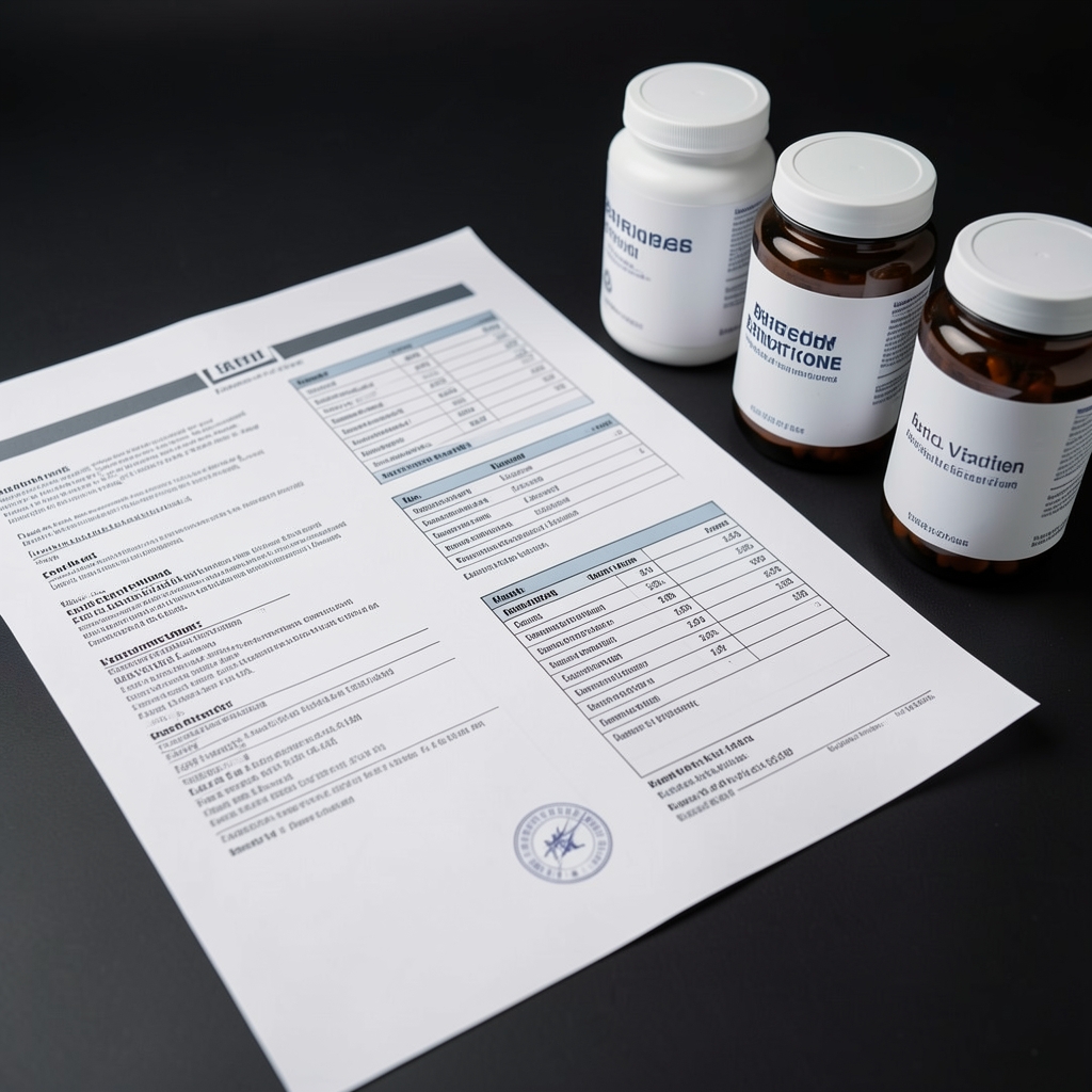 Close-up of batch verification documents with ingredient composition certificates spread across a dark workspace alongside sealed supplement containers under controlled studio lighting