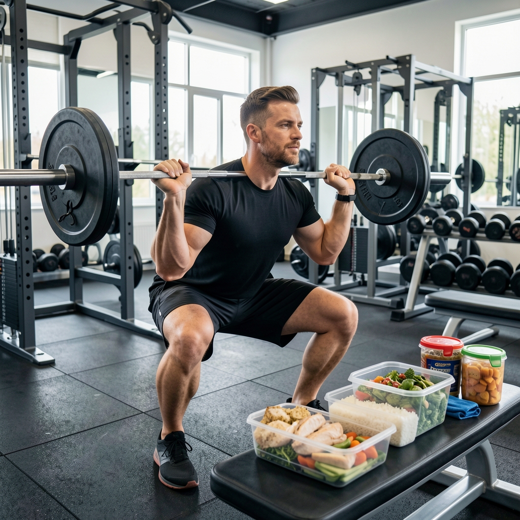 Man in his thirties performing a barbell squat in a well-equipped gym with nutritional meal prep containers arranged on a nearby bench showing chicken, rice, and vegetables