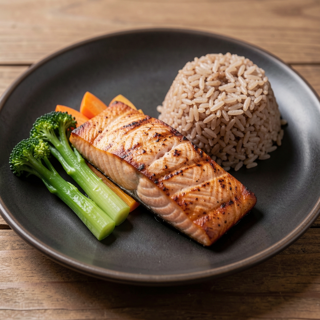 Close-up of a precisely arranged low-calorie meal with grilled salmon, steamed vegetables, and a small serving of brown rice on a dark ceramic plate