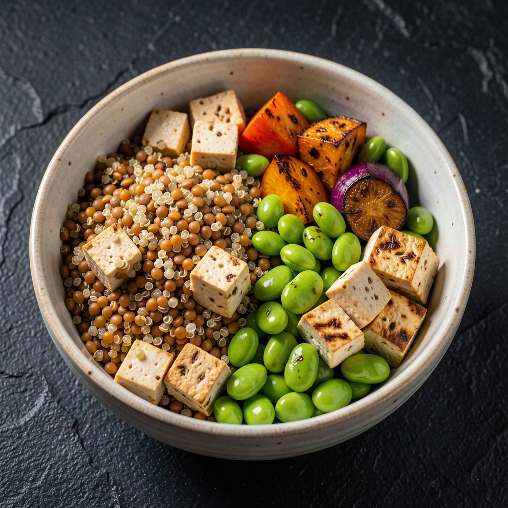 Colorful plant-based meal with lentils, quinoa, tofu cubes, edamame beans, and roasted vegetables in a ceramic bowl against a dark textured background