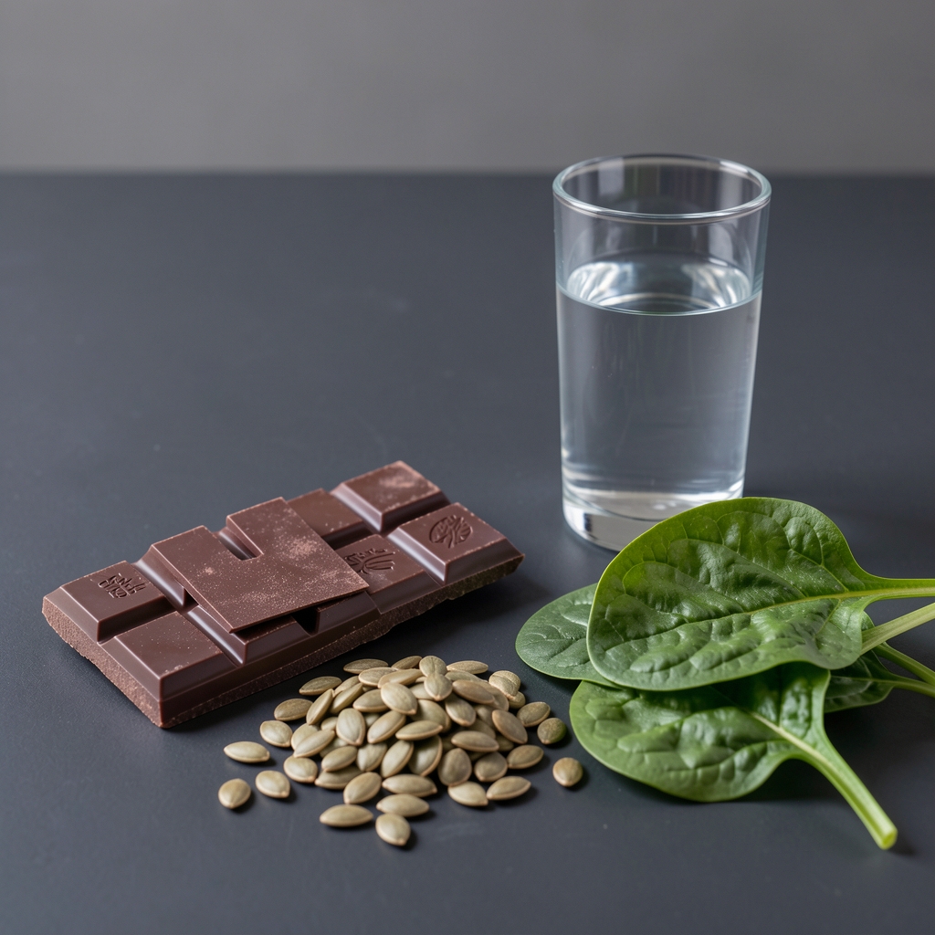 Calm morning nutrition setup with magnesium-rich foods including dark chocolate, pumpkin seeds, and spinach next to a glass of water on a minimalist dark surface