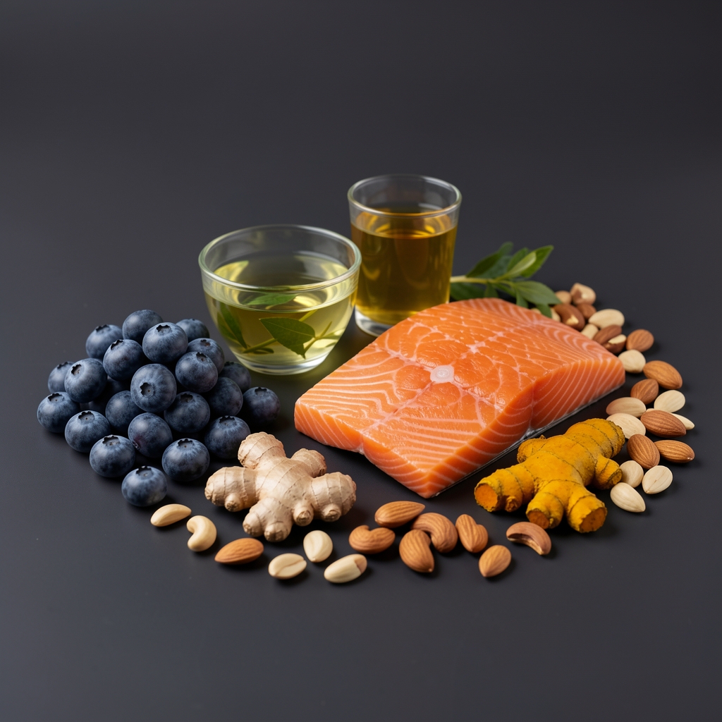 Anti-aging nutrition spread featuring blueberries, green tea, wild salmon, turmeric, and assorted nuts on a clean dark background with visible antioxidant labels