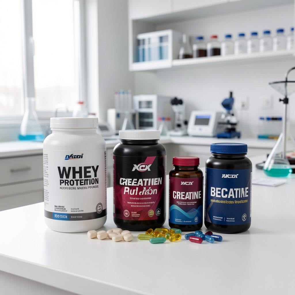 Sports nutrition supplement ingredients including whey protein powder, creatine containers, and BCAA containers arranged on a clean laboratory bench in a controlled workspace environment