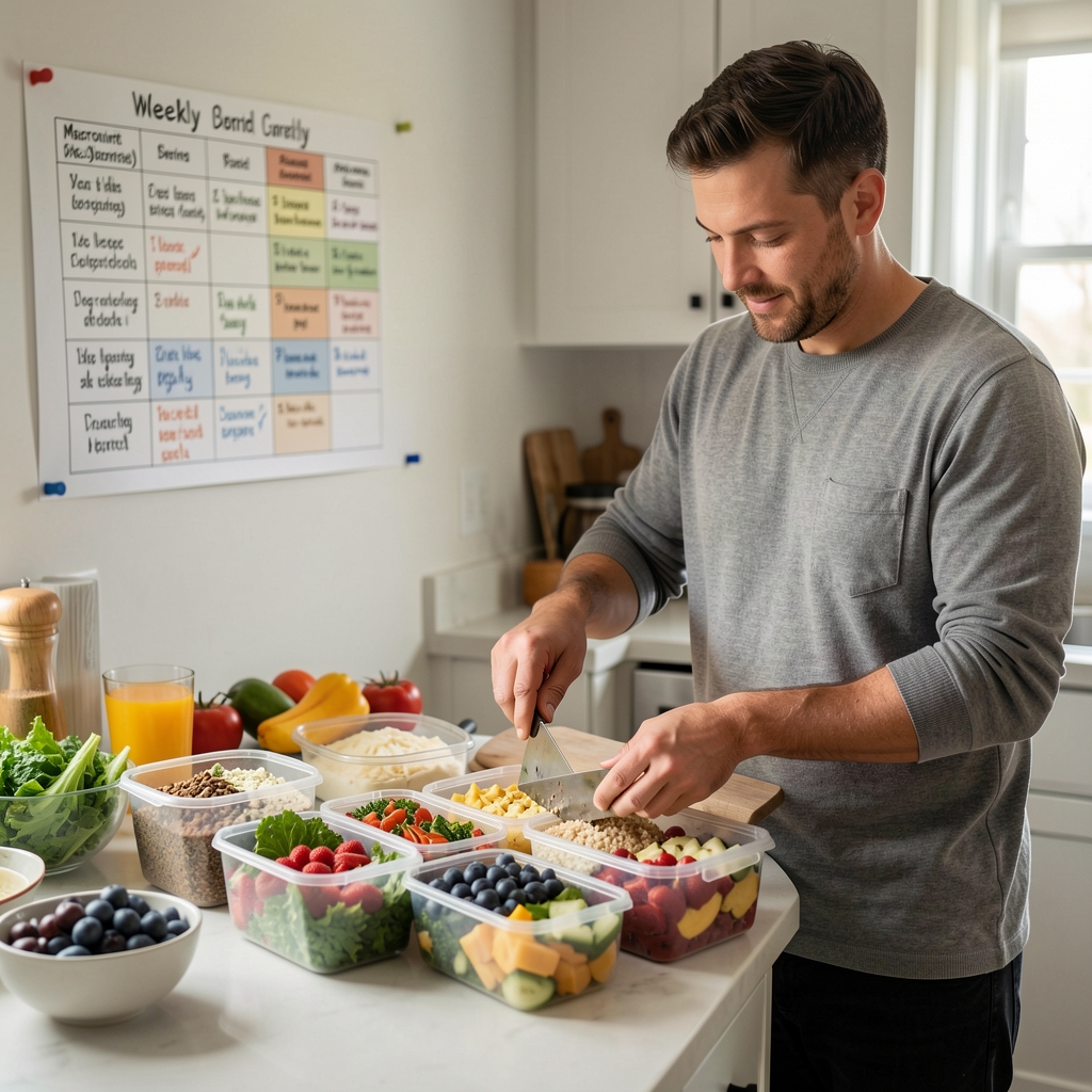 Balanced diet meal preparation scene with a man portioning nutritious foods into weekly meal containers with a macronutrient reference chart visible in the background